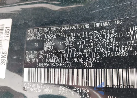 2007 Toyota Tundra Sr5 5.7L V8 z USA, uszkodzony, nr VIN 5TBEV54187S463253